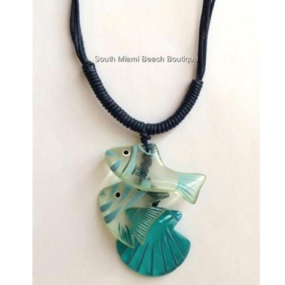 Sea Life Fish Shell Rope Necklace Surfer Island Blue Green Fair Trade 19" - Picture 2 of 8